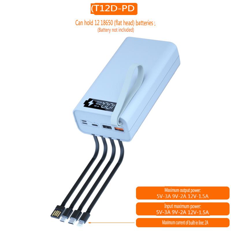 T12D 18650 DIY Power Bank Base with Type C Micro USB Cable Flashlight Fast Power Bank Case 18650 Battery Holder Charging Box Shell