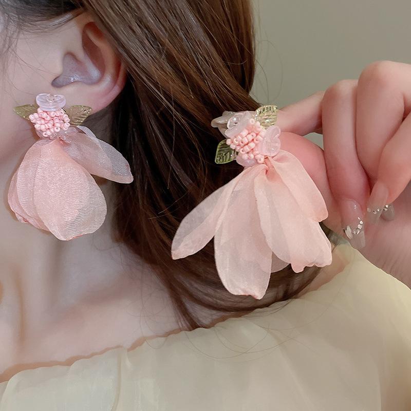 Elegant Statement Lace Organza Cloth Flower Earrings For Woman Korean  Jewelry Party Girl'S Lady Accessories