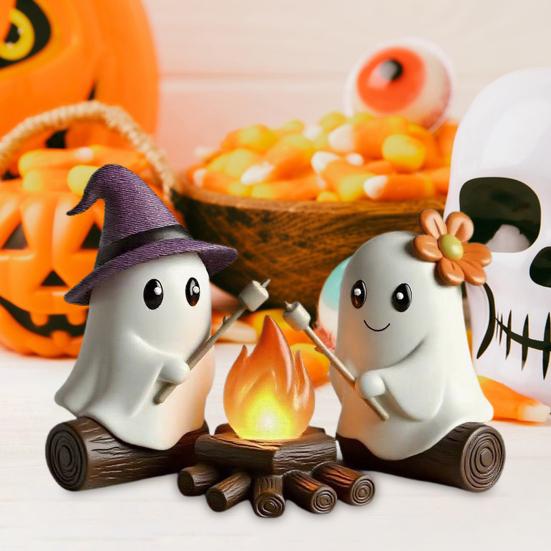 Ghost Campfire Gathering Halloween Decor Cute 2 Ghost And Bonfire Figurine Resin Ghost Night Light for Home Mantel Shelf Desk Decor