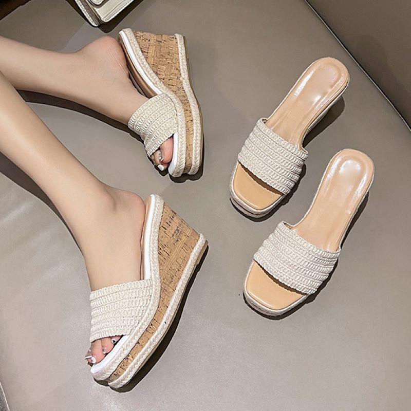 Eilyken New Design Weave Square Toe Platform Wedge Slippers Woman Slide Shoes Fashion High Heels Summer Zapatos De Mujer