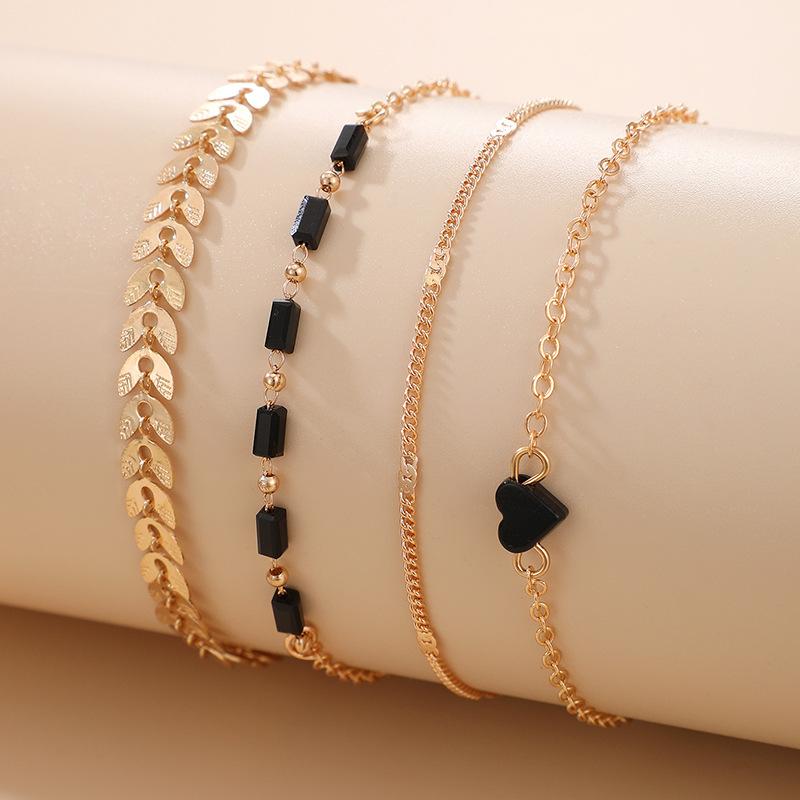 Bohemian Bracelet, Geometric Black Love Plane Chain 4-piece Ins Wind Bracelet for Women
