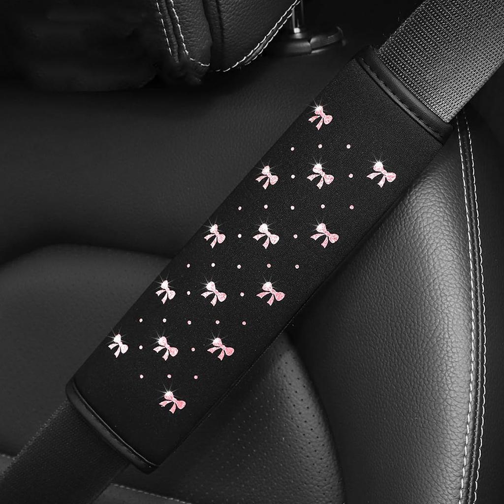 Bling Car Seat Belt Cover, 2PCS Rhinestone Cute Bow Comfort Vehicle Seatbelt Shoulder Pad, Diamond Automotive Interior Harness Neck Cushion Protector