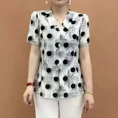 Summer Women's Blouse Lapel Neck Button Printed Ventilate All-match Elegant Loose Comfortable Three Quarter Tops