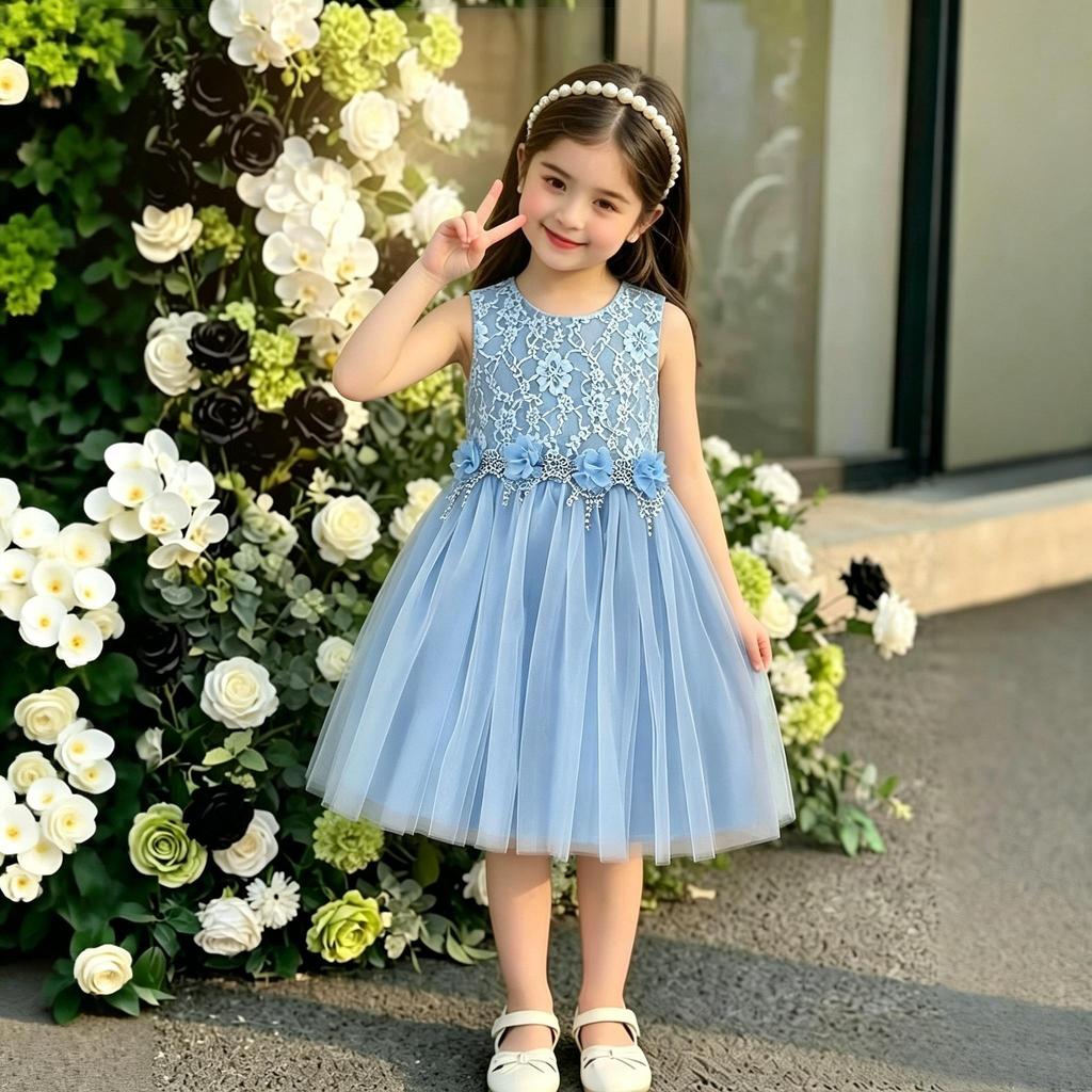 Girls Summer Dress 4-7 Years Blue Lace Sleeveless Round Neck with  Flower