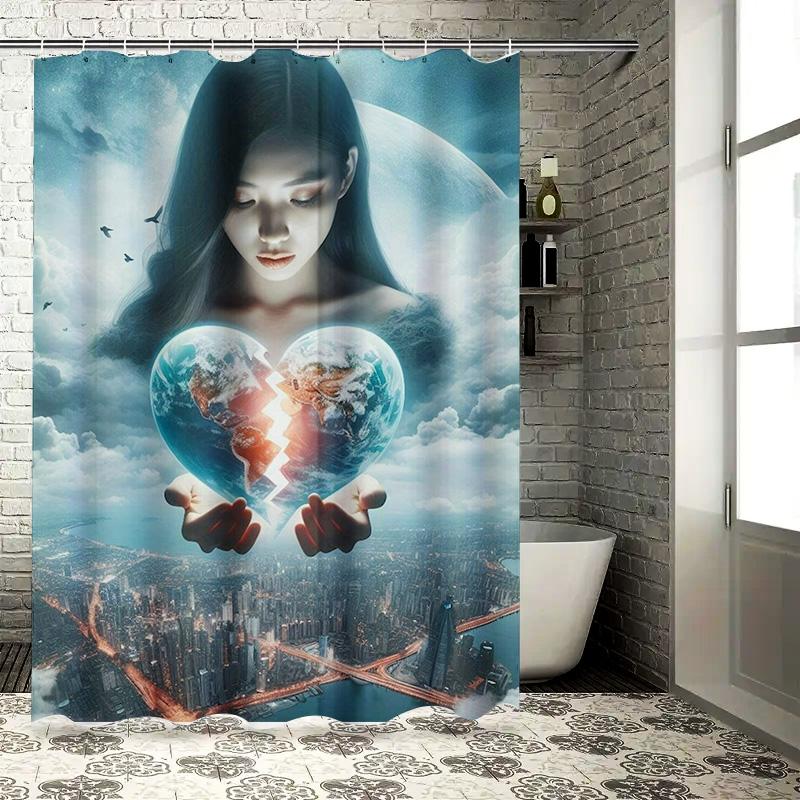 Mystical Woman Heart-Shaped Earth Shower Curtain - Waterproof, Mildew-Resistant, Machine Washable for Fantasy Bathroom Decor