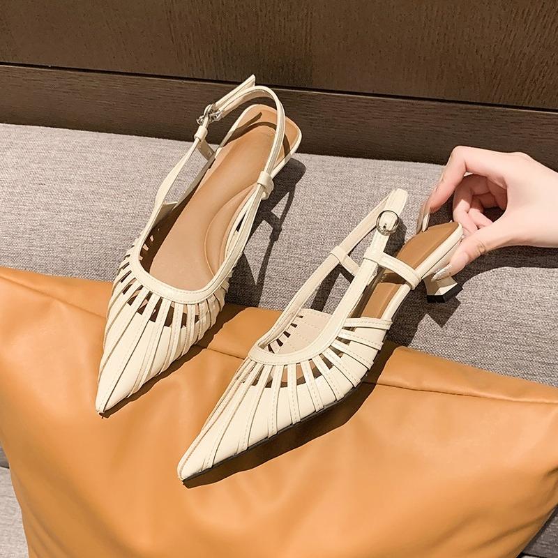 Fashion Low Heel Pointed Toe Hollow-out Sandals Women's Summer New Baotou Shallow Mouth One-word Belt Outside Wear Stiletto Shoes