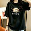 Women's Black Cotton Tee with Puppy Print – Casual Loose Fit Summer Shirt with Zipper