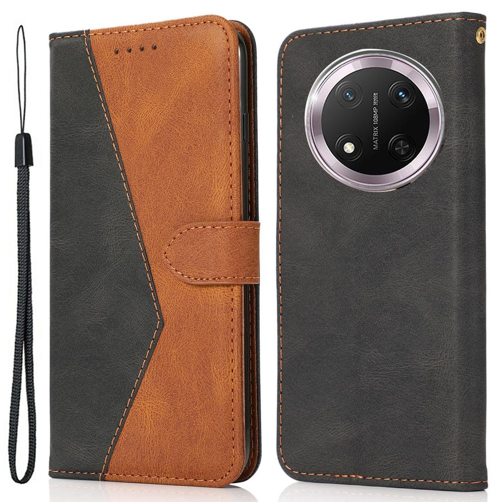 For Honor X9c 5G Case Color Splicing Wallet Stand Leather Phone Cover with Wrist Strap