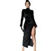 High Neck Long Sleeve Velvet Slim Fit Ruched Slit Dress for Women