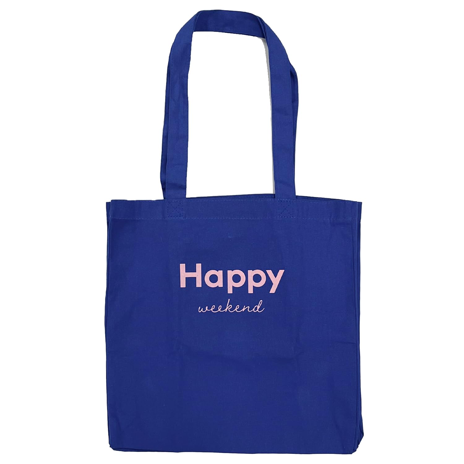 

Stylish, plain tote bag with HAPPY logo, cute, colorful, blue, large tote.