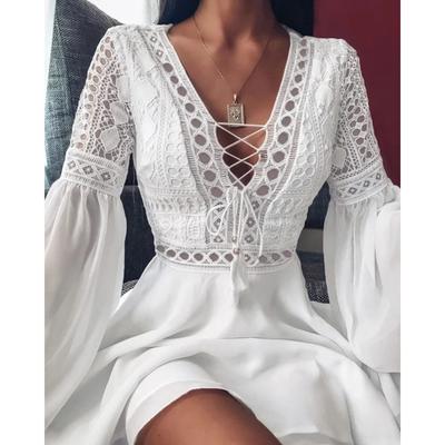 Damen A-Linien-Kleid, kurzes Minikleid, weiß, schwarz, rot, langärmlig, einfarbig, Rüschen, Patchwork, Chiffon, Frühling, Sommer, schmal, V-Ausschnitt
