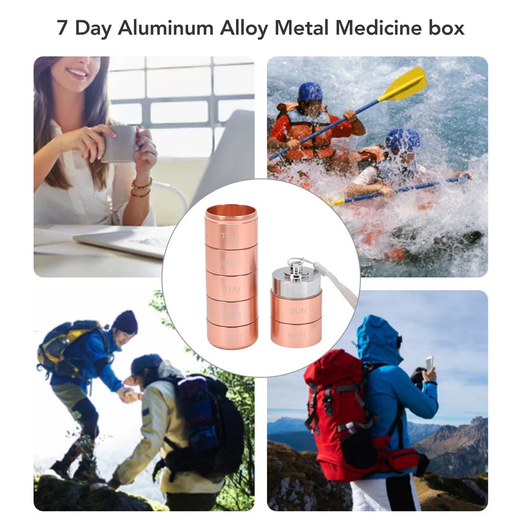 Metal Weekly Travel Medicine Organizer Portable Waterproof 7 Days Aluminum Alloy Tablets Box with Lanyard Rose Gold