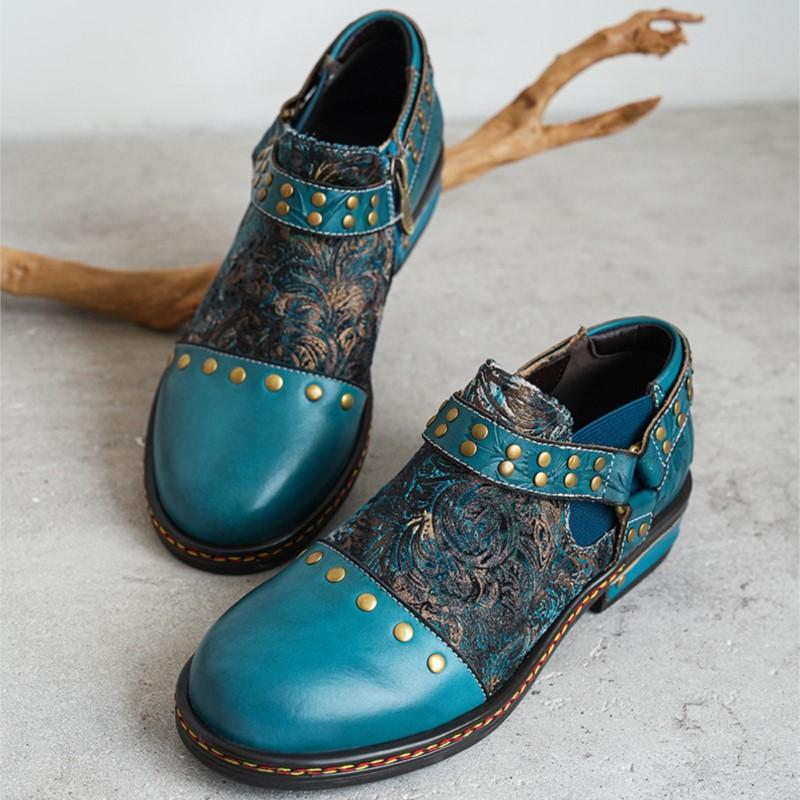 Johnature Four Seasons Pumps Retro Printed Ethnic Style Genuine Leather Comfortable Women's Low Heel Shoes