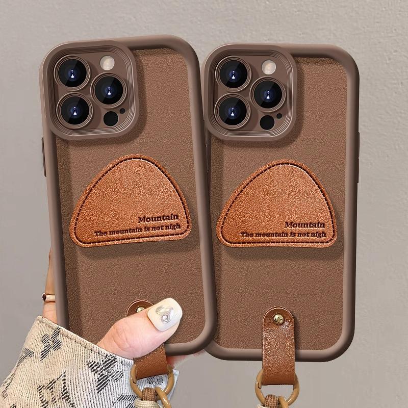 Leather Triangle Bracket Lanyard Suitable for Apple 16 Maillard Mobile Phone Case Autumn and Winter 15PRO Silicone Lambskin 7/8