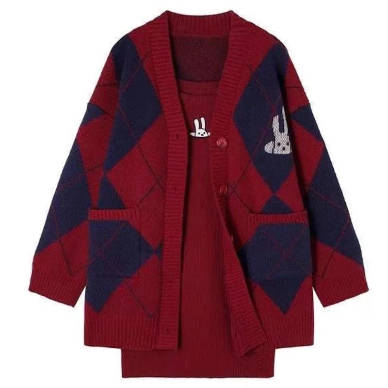 Korean Style Designer 2 Piece Set Women Plaid Knitted Coat + Rabbit Print Dress Suit Female Elegant Sweet Party Mini Dress Sets