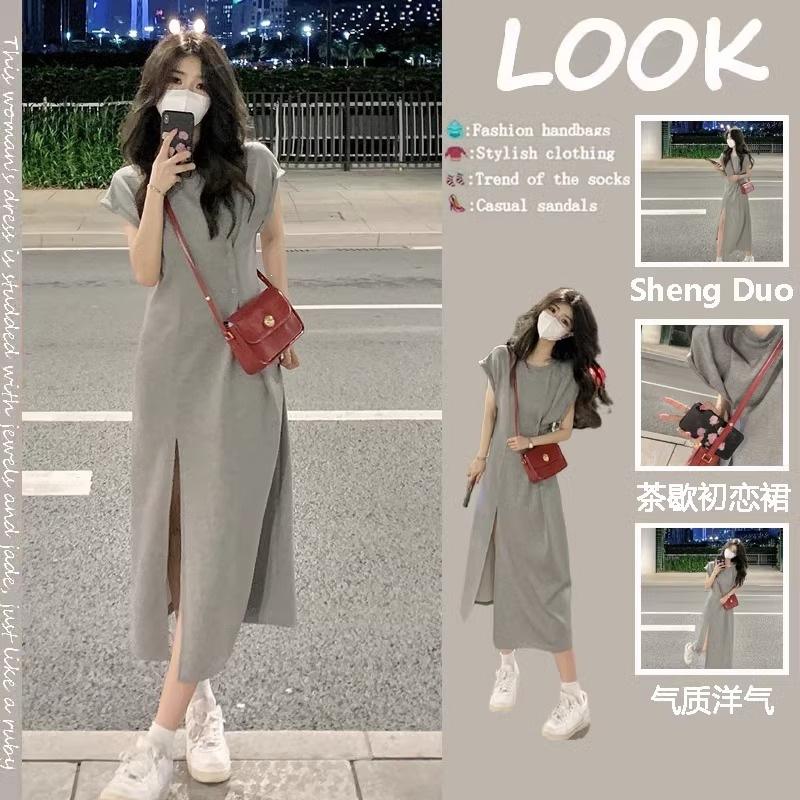 Gray Split-ended T-shirt Dress, Children's Temperament, Summer Design Sense, Niche Waist Slim-fitting Short-sleeved Casual Long Dress