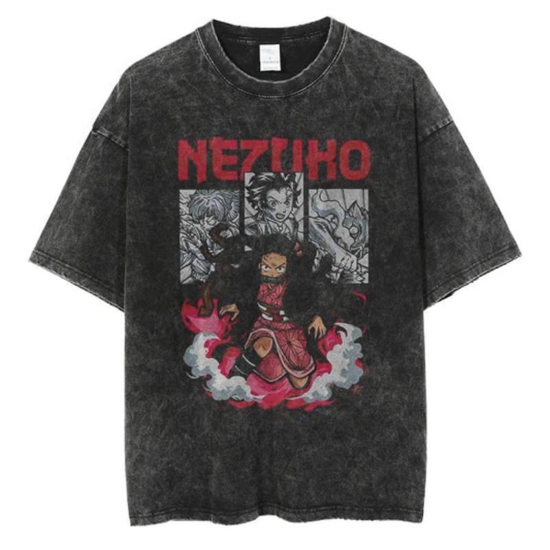 Japanese Anime Demon Slayer Washed T-shirt Men and Women Summer Harajuku Clothing Breathable Short Sleeved T-shirt