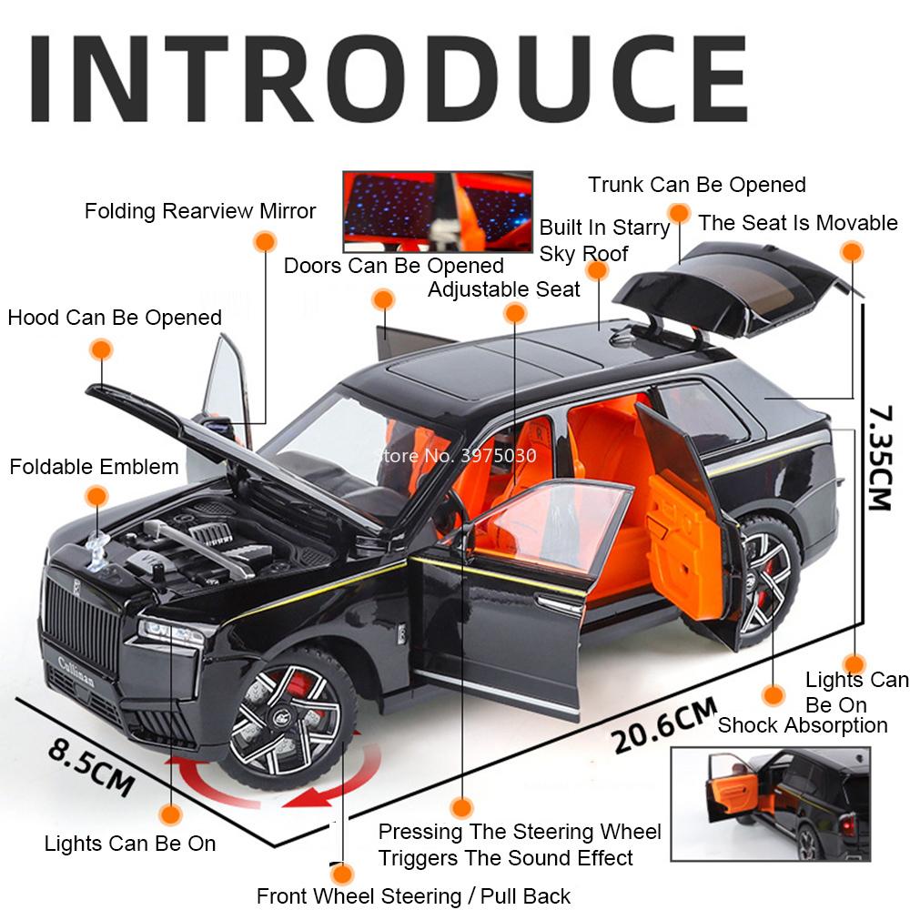 1:24 Alloy Rolls Royce Cullinan XM Model Diecast Toys Cars 6 Doors Opened Vehicles Pull Back Light Music Miniature Car Kids Gift