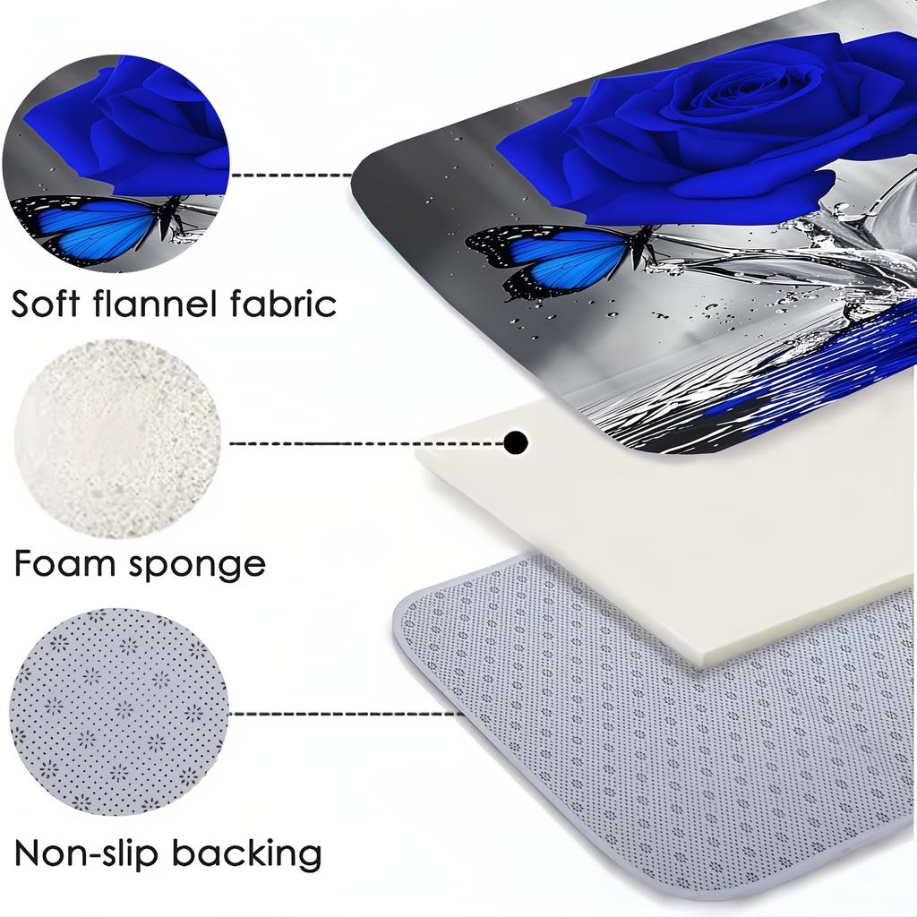 Dunkelblau Rose Schmetterling Muster Duschvorhang Set, Rutschfester Badezimmerteppich, Toiletten-U-förmiges Kissen, Toilettensitzbezug Kissen