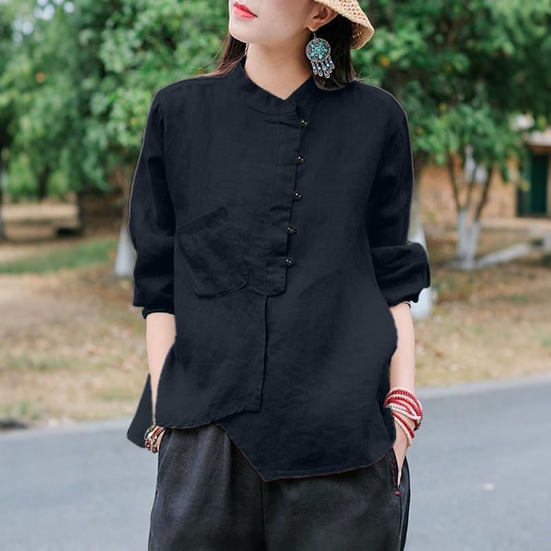 ZANZEA Women Casual Round Neck Solid Color Long Sleeve Retro Blouse