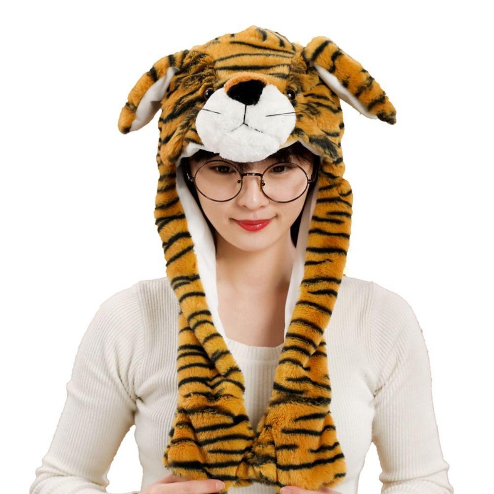 Animal Shape Ear Moving Hat Panda Tiger Monkey Plush Hat Toys Funny Jumping Up Cap  Kids Adults