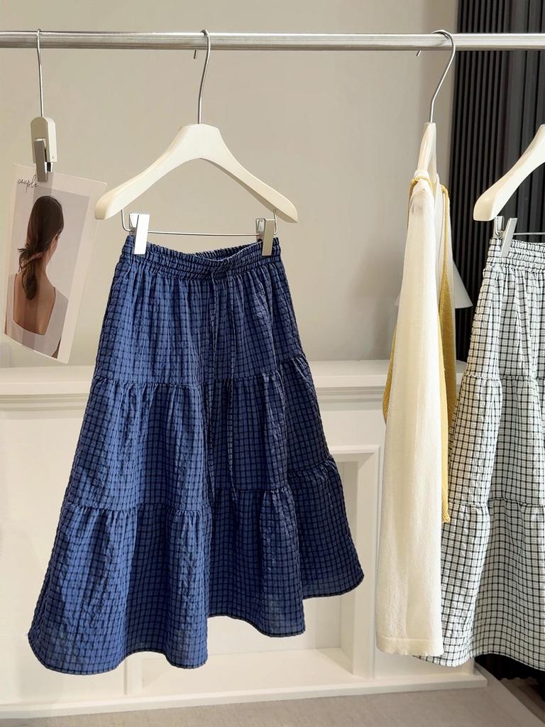 Women's Spring-Summer Plaid Lace-Up A-Line Skirt - Elastic High Waist, Slimming Fit