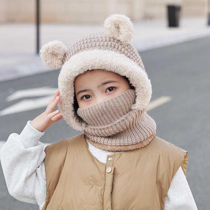 Children's hat winter outdoor velvet warm knitted wool hat cartoon cute bear mask scarf integrated hat
