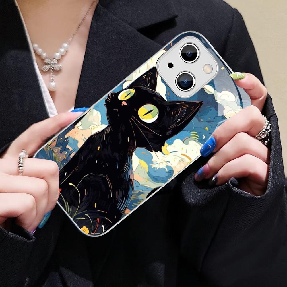 Starry Sky Cat Phone Case For IPhone 14 13 12 Mini 11 Pro XS Max X XR 14 Plus Tempered Glass Cover