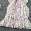 Elegant Lace Printing Formal Dresses Women Lapel Single-breasted Hollow Out Belt Slim Temperament Summer Dress