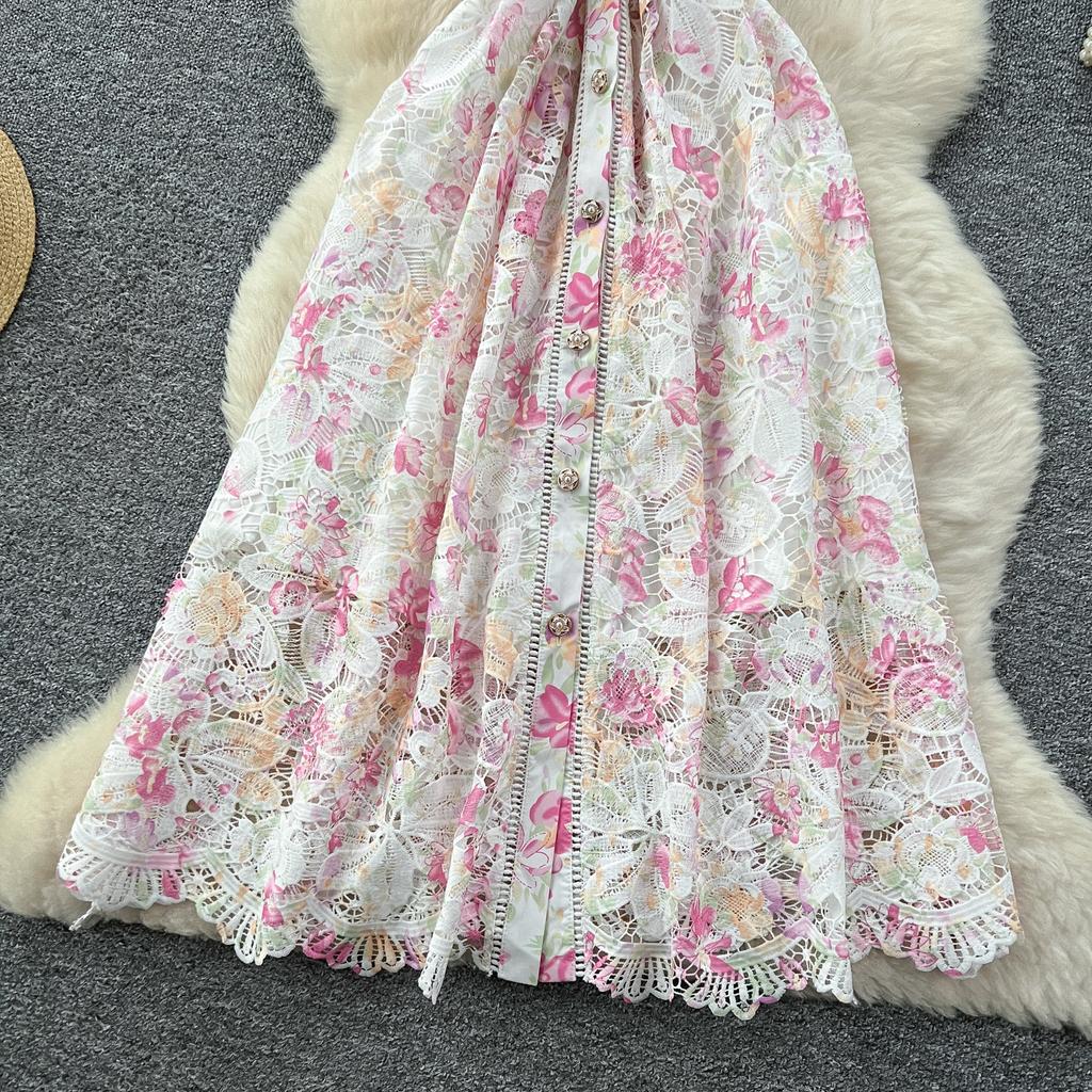 Elegant Lace Printing Formal Dresses Women Lapel Single-breasted Hollow Out Belt Slim Temperament Summer Dress