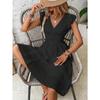 Summer Women V-Neck Beach Dress Flare Sleeve Solid Color Hollow Lace Waist Dress Casual Beach Holiday Dresses