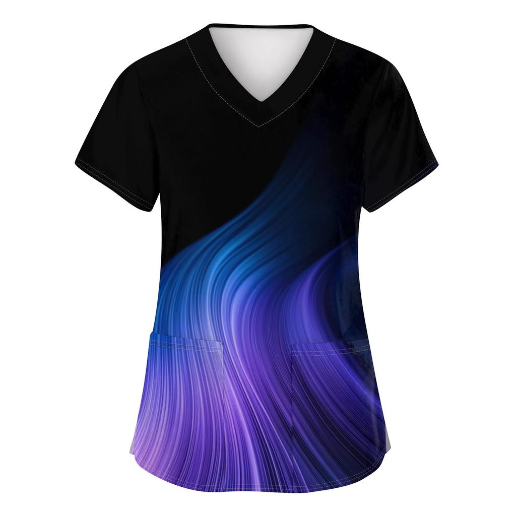 Damen Modisches bedrucktes kurzärmliges Oberteil mit V-Ausschnitt und kleiner Tasche für die Arbeit