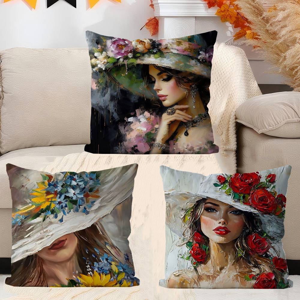 Woman And Flowers Art Oil Painting Personalized Picture Text Home Decorative Pillows Household Gifts 45x45cm