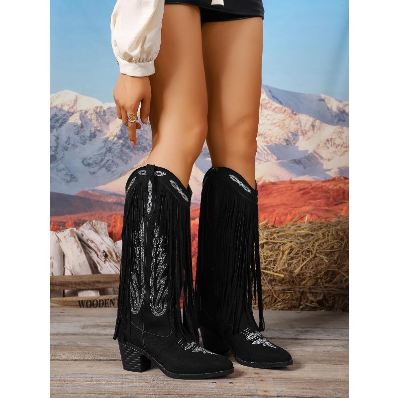 Embroidered Big Yard Pointed Toe High Heel Tassel Boots Women's 2025 Winter New Ethnic Style Thick-heeled Knight Boots