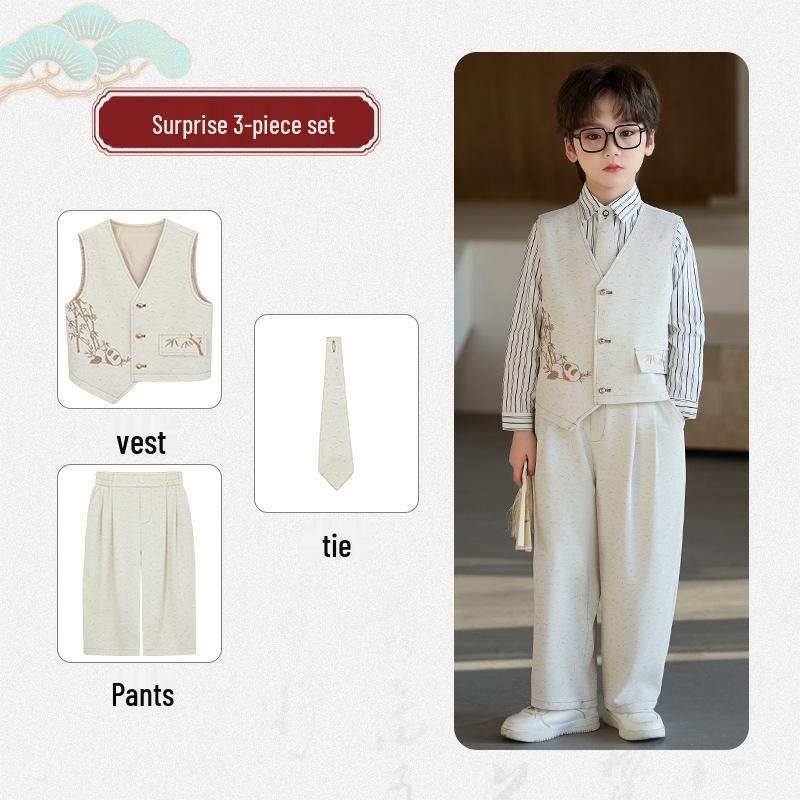 Spring Embroidered Hanfu Vest Set for Boys - Traditional Style Recitation & Performance Outfit
