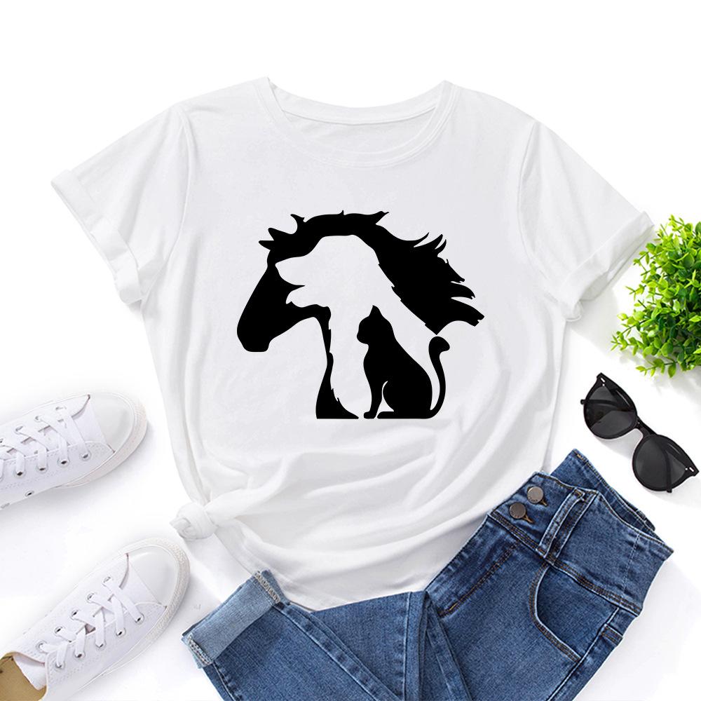 Silhouette Animals Cotton T-Shirt Short Sleeve Round Neck Women 2d Print Tops