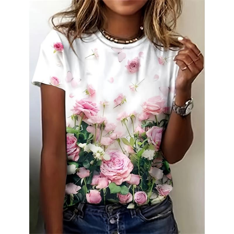 Women s 3D Flower Print Short Sleeve Round Neck T-Shirt S