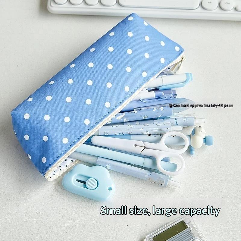 Portable Polka Dot Design Pencil Case Zipper Closure Large Capacity Student Stationery Bag Organizers