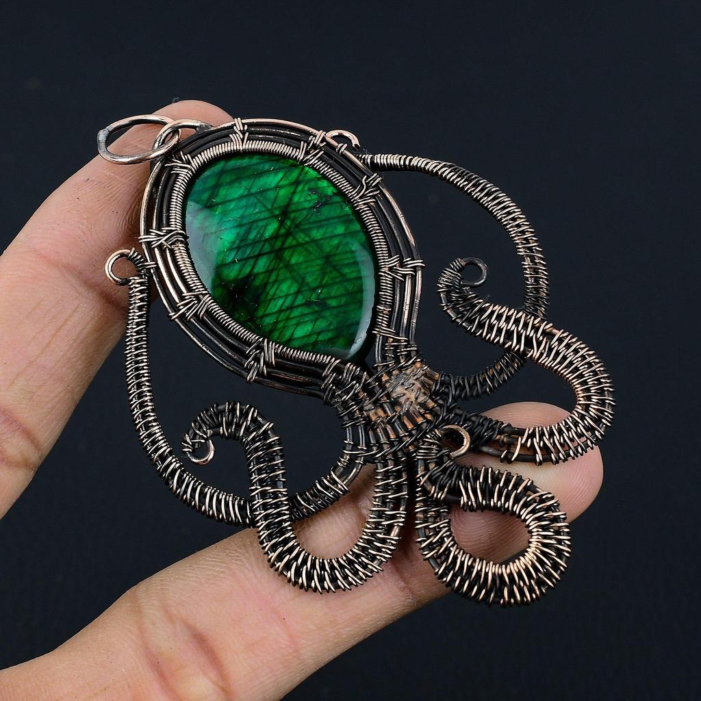 Green Flash Labradorite Pendant, Handmade Gemstone Pendant, 999 Copper Wire Wrapped Pendant Antique Jewelry, For Engagement Gift