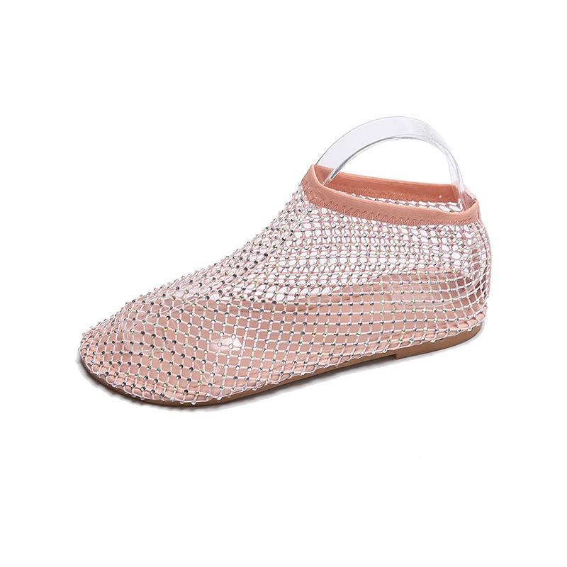 Round head beach sandals women wear hollowed rhinestone one pedal breathable mesh sandals women's low-top cool boots women