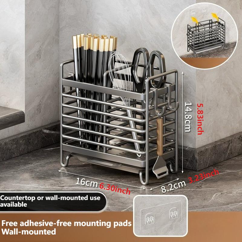 

New Cutlery Organizer with Drainage Tray Multi-functional Wall Mounted and Countertop Vertical Storage Rack for Spoon Chopstick