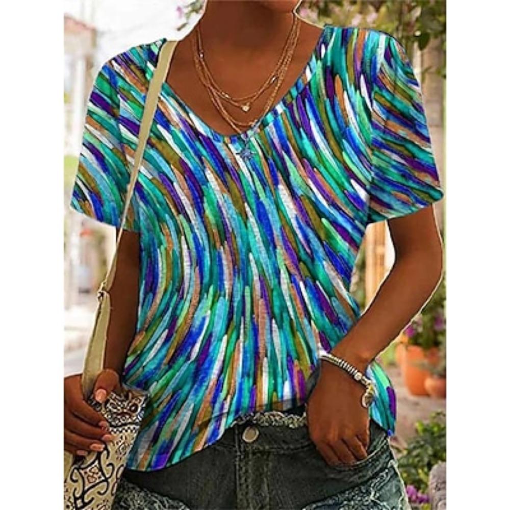 Women's T Shirt Graphic Basic Short Sleeve V Neck Regular Tops Daily Weekend Print Red Blue Green