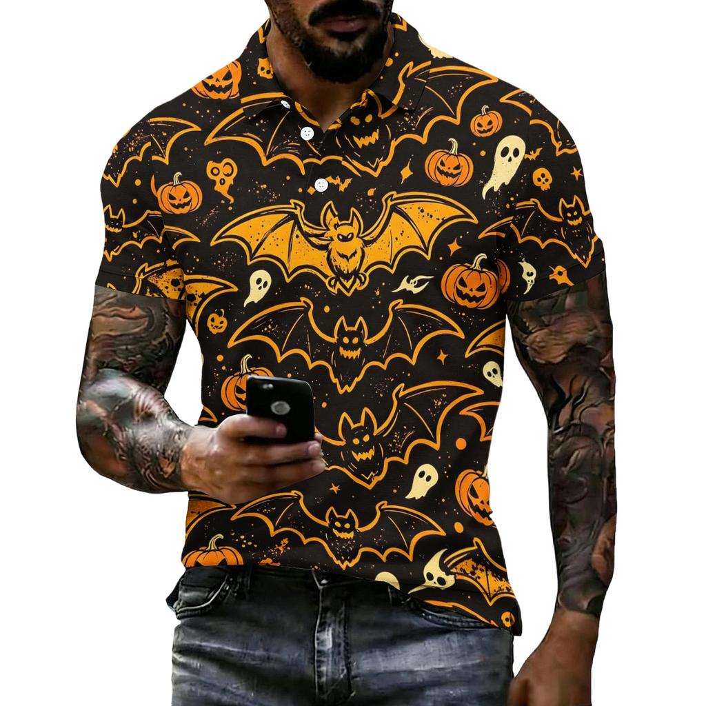 Men's Halloween Print Vintage Texture Short Sleeve Polo Shirt Loose Breathable Summer Sports Street Casual Daily Wear Top