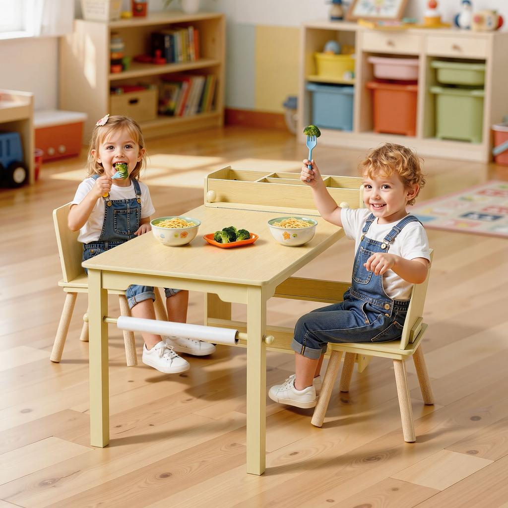 VEVOR Set Tavolo e Sedia per Bambini, Tavolo per Lavoretti per Bambini Piccoli con Mobiletto a 3 Ripiani, Scrivania Gioco Attività in Legno per Bambini con 2 Sedie
