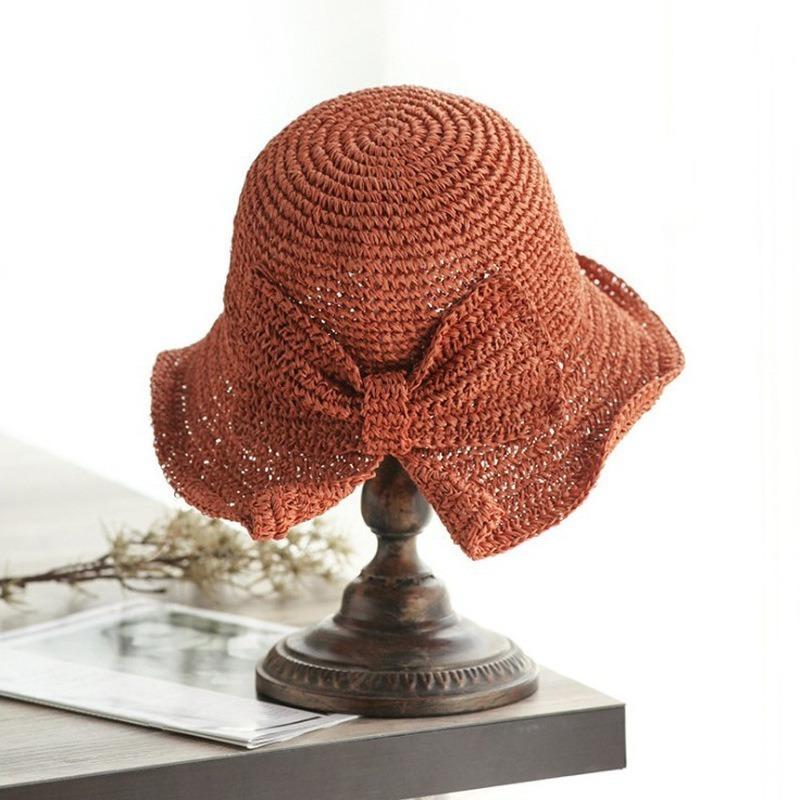 Straw Hat Female Bowknot Crochet Summer Basin Hat Foldable Beach Sun Hat Wide Brim Kids Princess foldable beach Hats