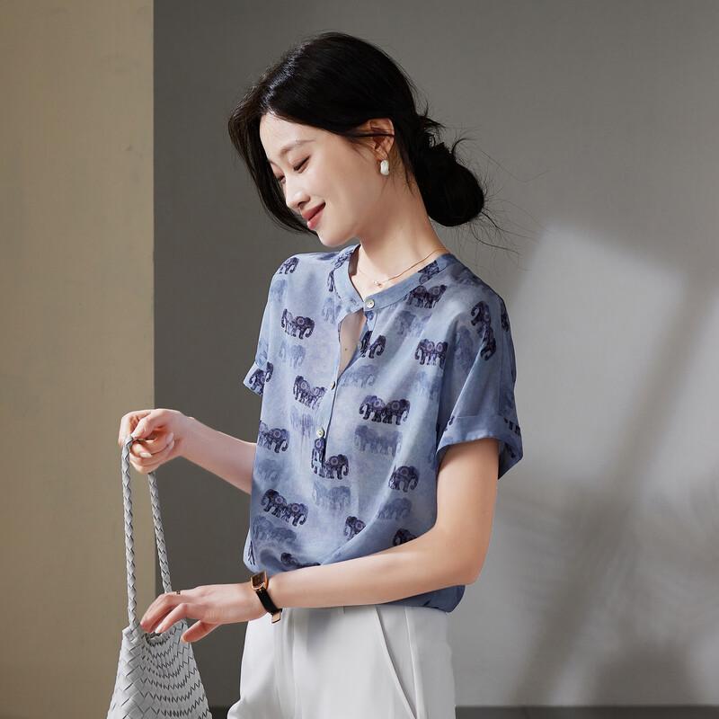 SOFSIL Women s Elephant Print Silk Short Sleeve Blouse M