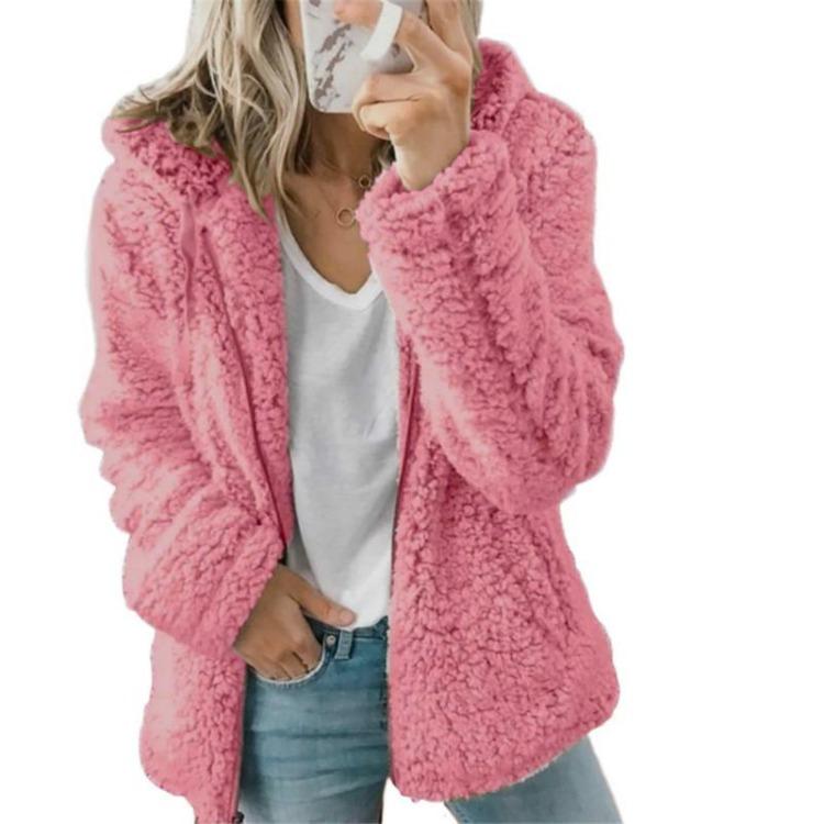 Warm Winter Hooded Fleece Coat Women Plush Fluffy Cardigan Fur Wool Jacket Long Sleeve Warmer