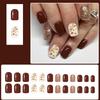 24 sztuki błyszczące krótkie kwadratowe paznokcie na wcisk jesienno-zimowy design z liściem klonu błyszczące brązowe sztuczne paznokcie łatwe do aplikacji