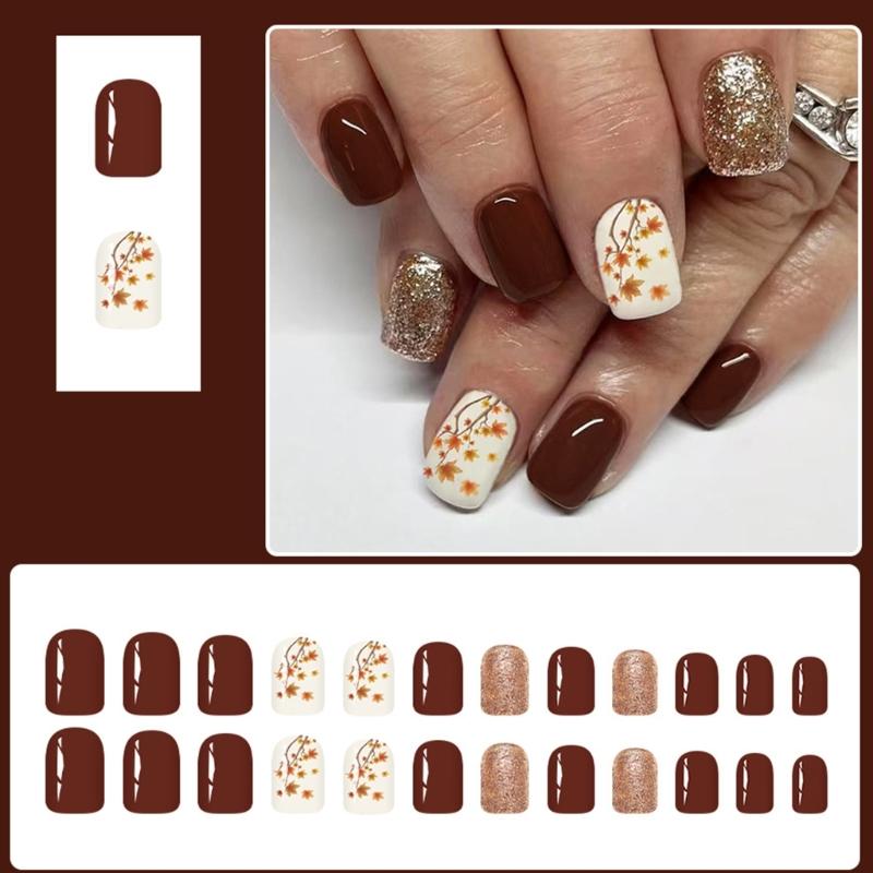 24 sztuki błyszczące krótkie kwadratowe paznokcie na wcisk jesienno-zimowy design z liściem klonu błyszczące brązowe sztuczne paznokcie łatwe do aplikacji