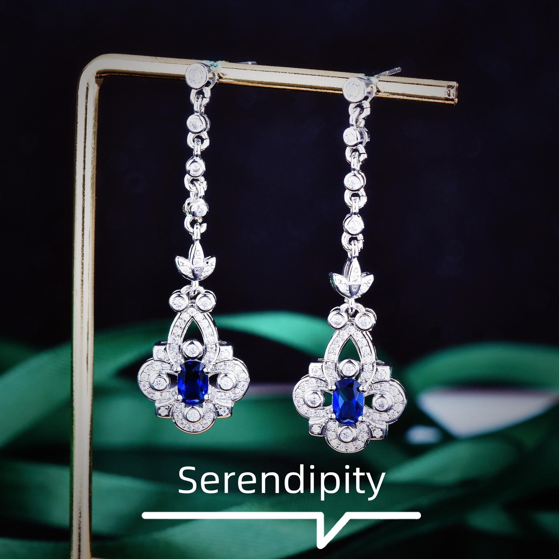 Elegant Intellectual Charm Long Earrings, Luxurious Temperament Simulation Sri Lankan Royal Sapphire Earrings